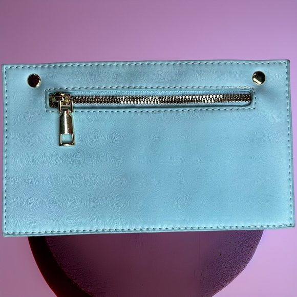 NEW Luxe Sky Blue Woven Vegan Leather Goldtone Chain Top Handle / Shoulder Bag - Picture 13 of 16